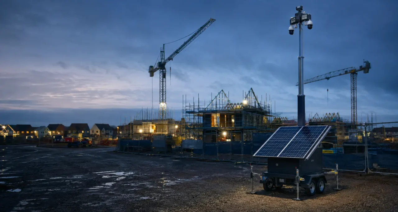 Solar-powered CCTV tower monitoring a UK construction site at dusk
