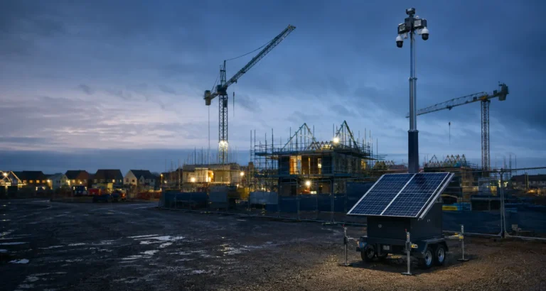 Solar-powered CCTV tower monitoring a UK construction site at dusk