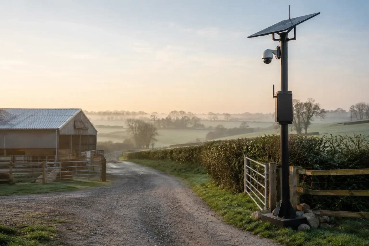 Off-grid solar CCTV unit protecting a farm entrance in the British countryside