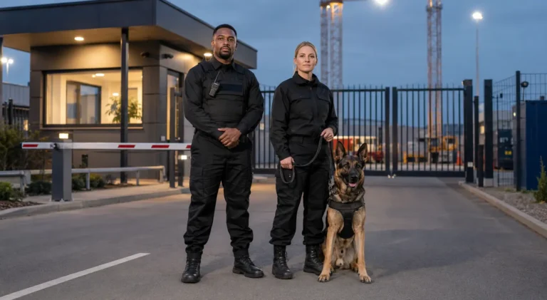 Uniformed security guard and dog handler at a compound entrance
